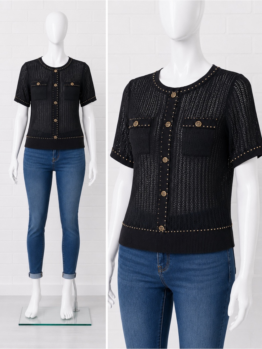 Black Pointelle Knit Short Sleeve Sweater Top with Gold Buttons